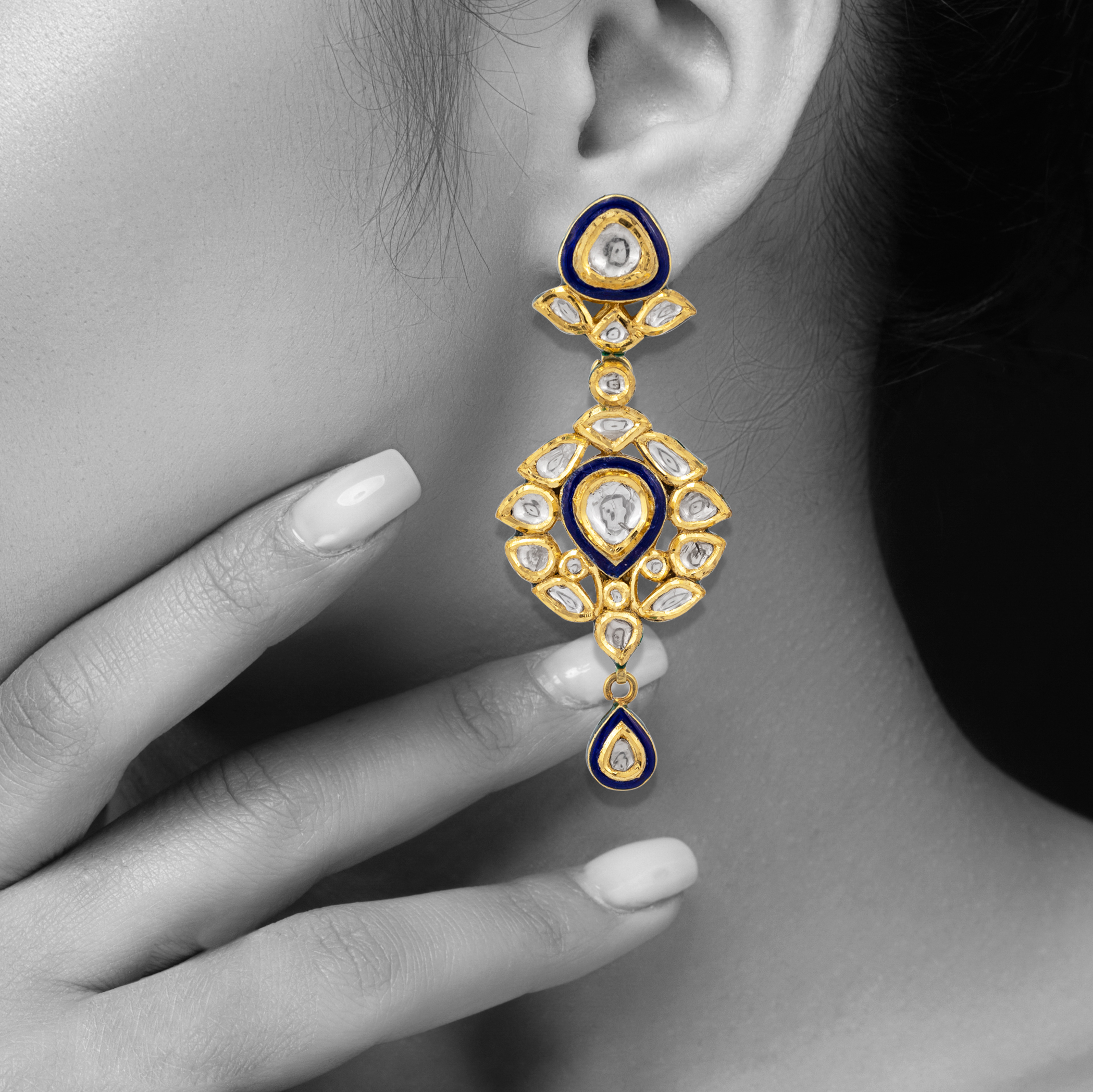 Polki Drop Earrings with Blue Enamel and Teardrop Motifs